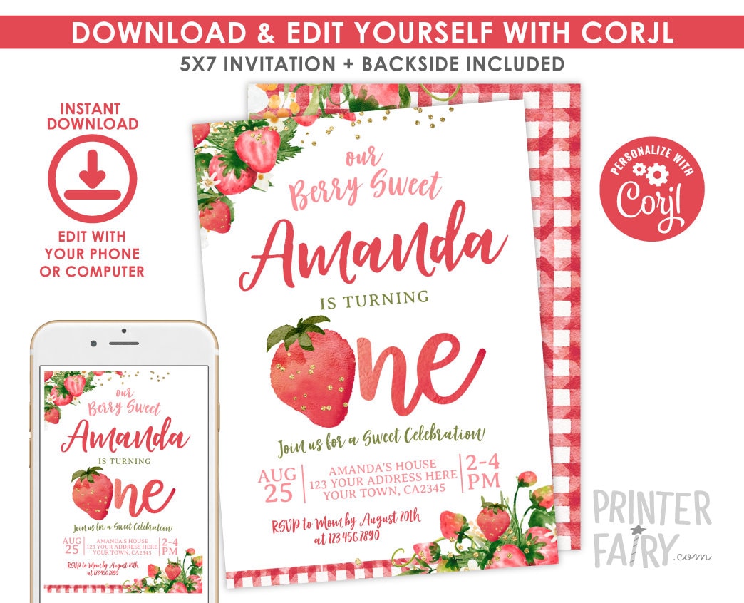 Strawberry First Birthday Invitation, Berry Sweet Floral Girl Invite (Digital Download)