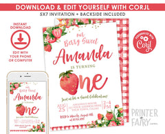 Strawberry First Birthday Invitation, Berry Sweet Floral Girl Invite (Digital Download)