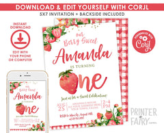 Strawberry First Birthday Invitation, Berry Sweet Floral Girl Invite (Digital Download)