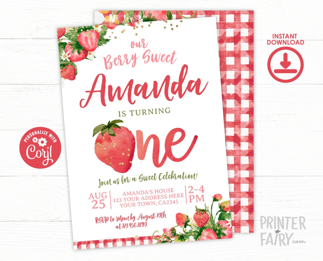 Strawberry First Birthday Invitation, Berry Sweet Floral Girl Invite (Digital Download)