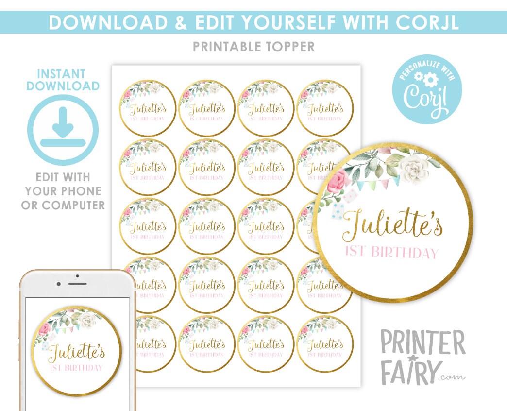 Alice in Wonderland Toppers, EDITABLE Birthday Labels (INSTANT DOWNLOAD)