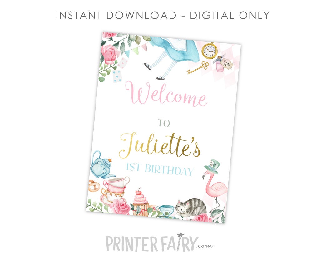 Alice in Wonderland 1st Birthday Welcome Sign, Editable (Digital Download)
