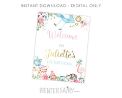 Alice in Wonderland 1st Birthday Welcome Sign, Editable (Digital Download)