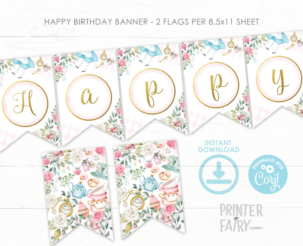 Alice in Wonderland Party Printable Banner Editable Template, Instant Download