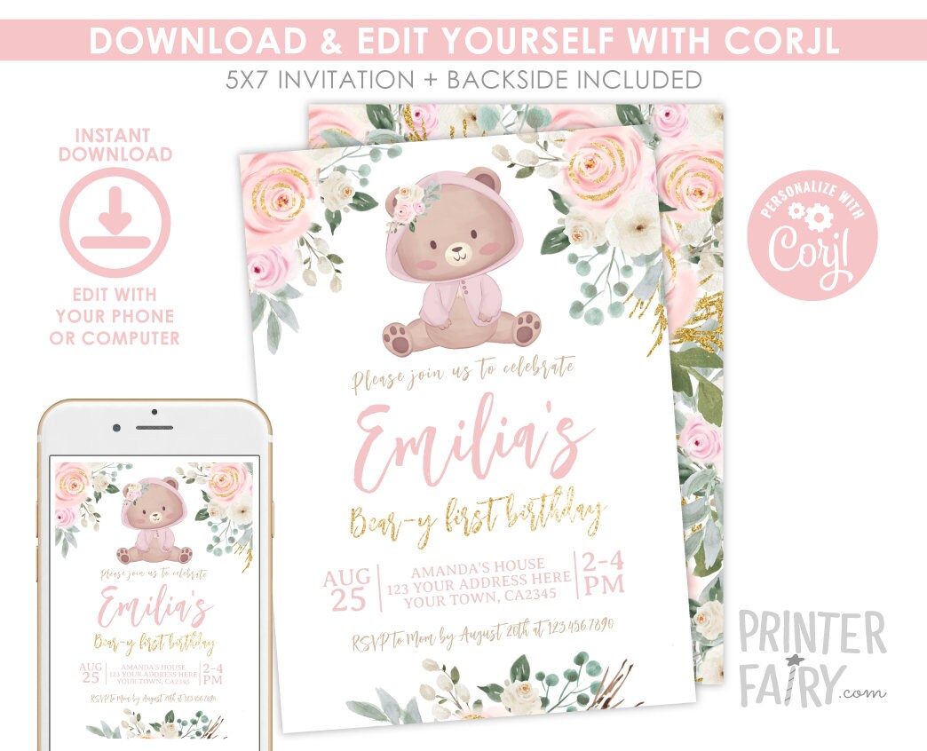 Bear First Birthday Invitation, Pink Floral Girl Invite (INSTANT DOWNLOAD)