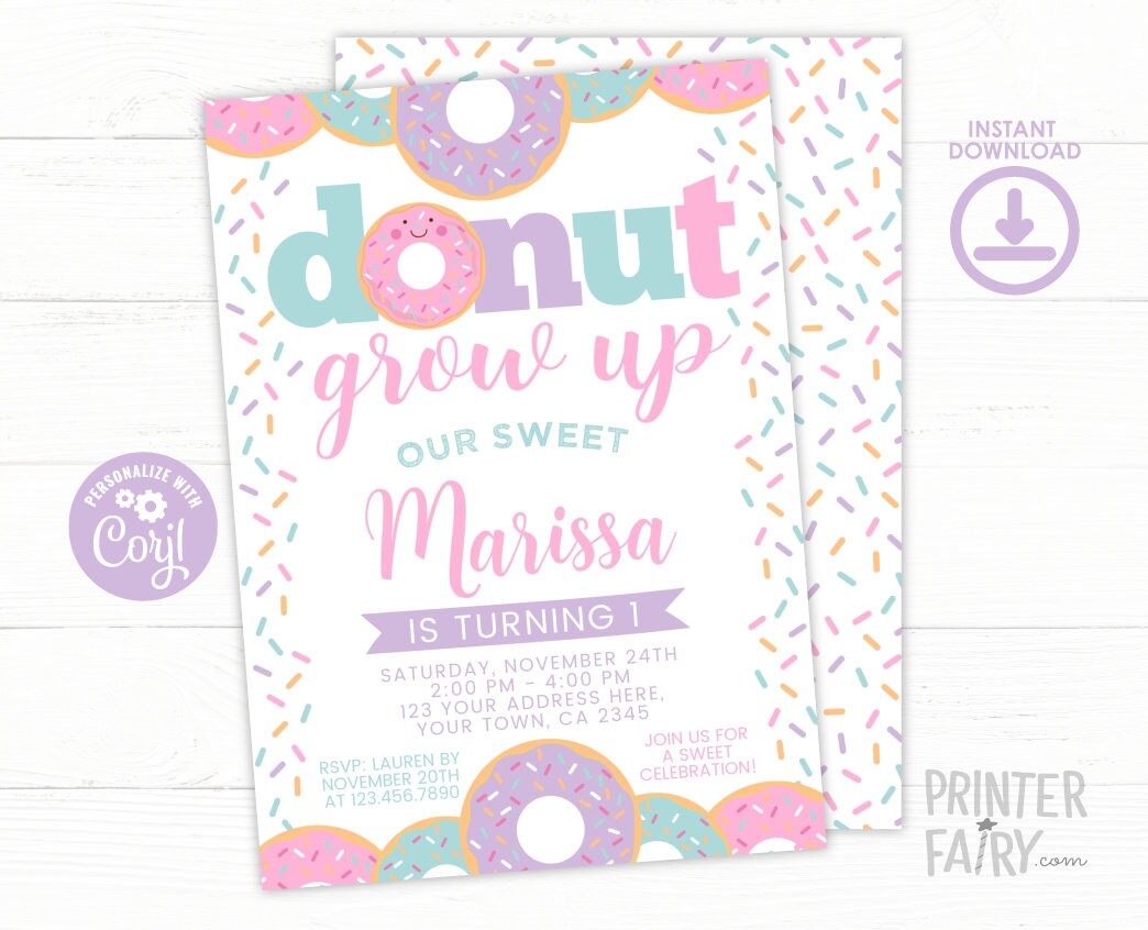 Donut Grow Up Birthday Invitation, Editable Party Template (Digital Download)