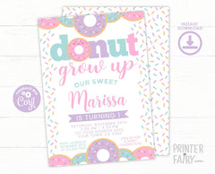 Donut Grow Up Birthday Invitation, Editable Party Template (Digital Download)