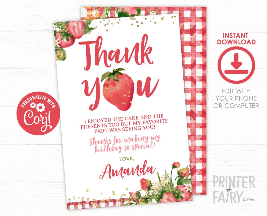 Strawberry Thank You Cards, Fruit Birthday Party, Editable Notes (Digital Download)