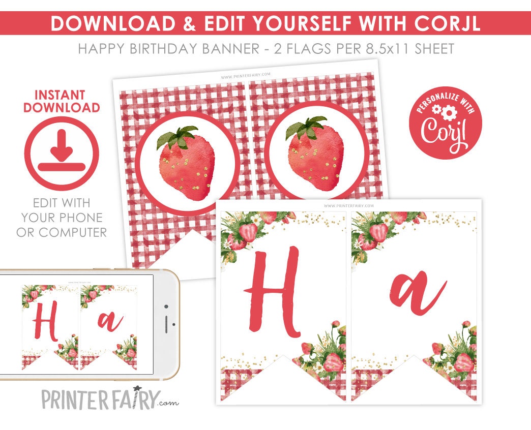 Strawberry Birthday Banner, Editable Party Decor (Instant Download)