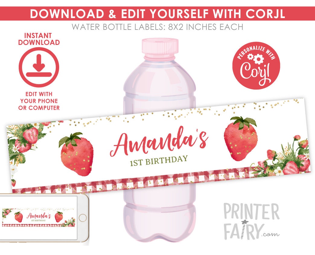 Editable Strawberry Water Bottle Labels, Fruit Birthday Party (Digital Download)