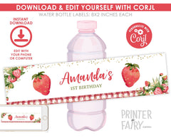 Editable Strawberry Water Bottle Labels, Fruit Birthday Party (Digital Download)