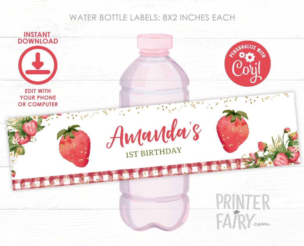Editable Strawberry Water Bottle Labels, Fruit Birthday Party (Digital Download)