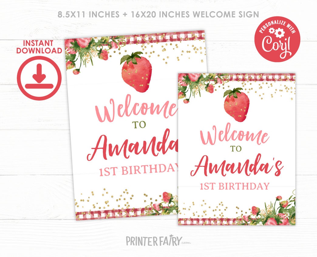 Strawberry Welcome Sign, Fruit Birthday Party Decor (Digital Download)