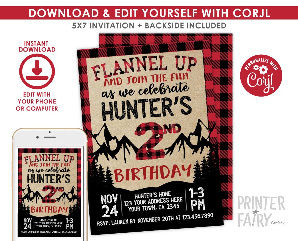 Lumberjack 2nd Birthday Invitation EDITABLE template for any age, Digital Instant Download