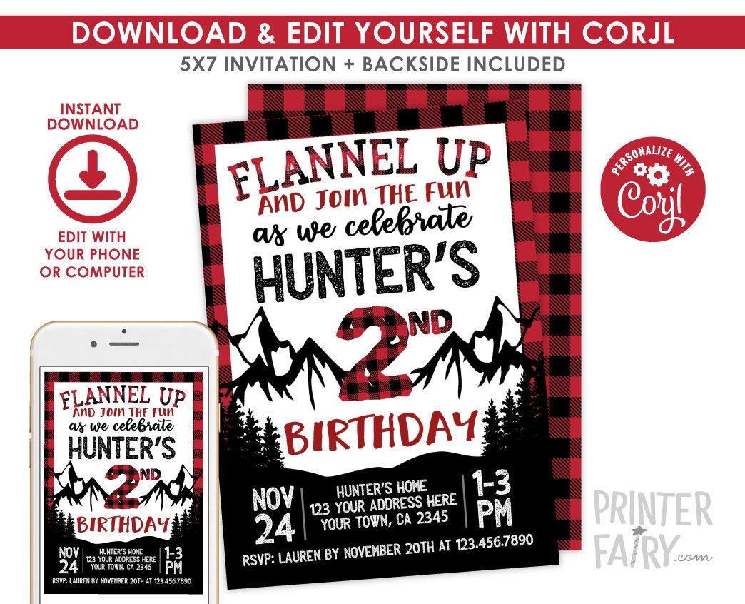 Lumberjack Birthday Invitation EDITABLE Template for Any Age, Instant Download