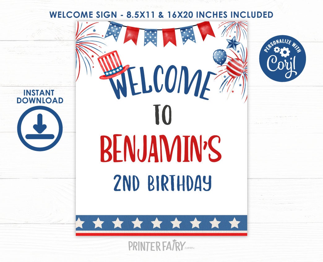 4th of July Birthday Welcome Sign, Firecracker Theme (Instant Download)