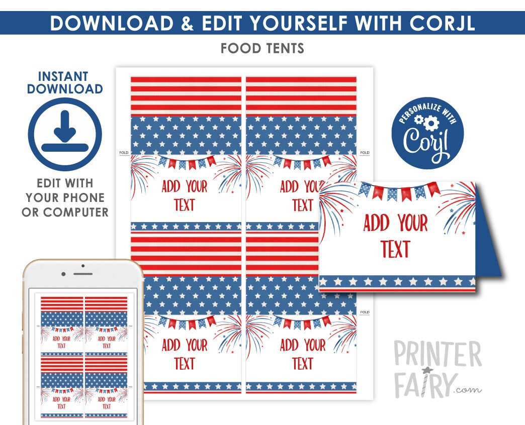 4th of July Food Tents, Independence Day Place Cards (Instant Download)