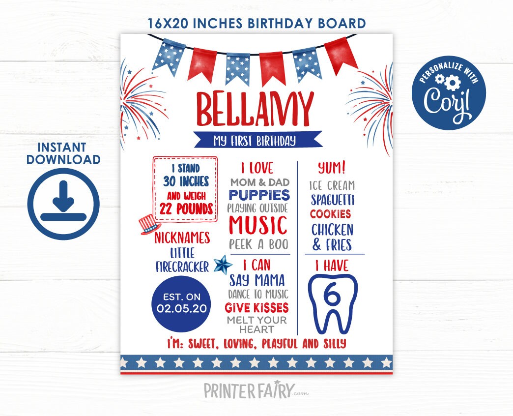 4th of July Birthday Milestones Board, Firecracker Theme (Instant Download)