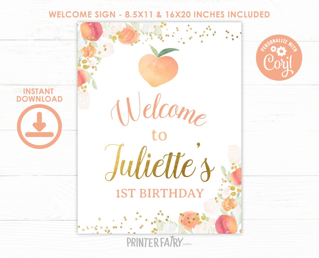 Peach Floral Birthday Welcome Sign, Editable Template (Digital Download)