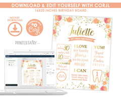 Peach 1st Birthday Board, Floral Girl Sign (INSTANT DOWNLOAD)