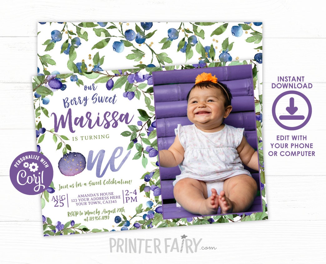 Blueberry First Birthday Invitation with photo EDITABLE Template, INSTANT DOWNLOAD