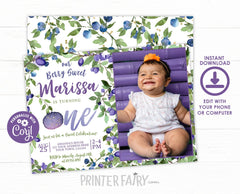 Blueberry First Birthday Invitation with photo EDITABLE Template, INSTANT DOWNLOAD
