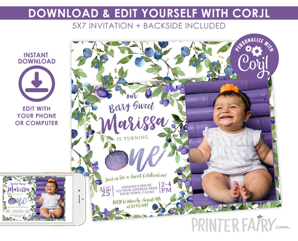 Blueberry First Birthday Invitation with photo EDITABLE Template, INSTANT DOWNLOAD