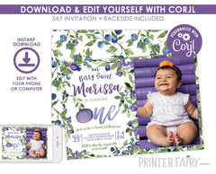 Blueberry First Birthday Invitation with photo EDITABLE Template, INSTANT DOWNLOAD