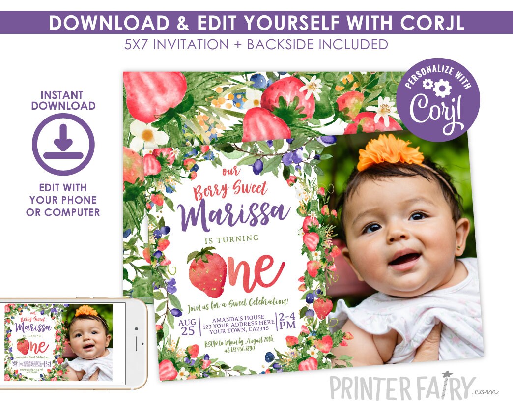 Berry First Birthday Invitation EDITABLE Template INSTANT DOWNLOAD
