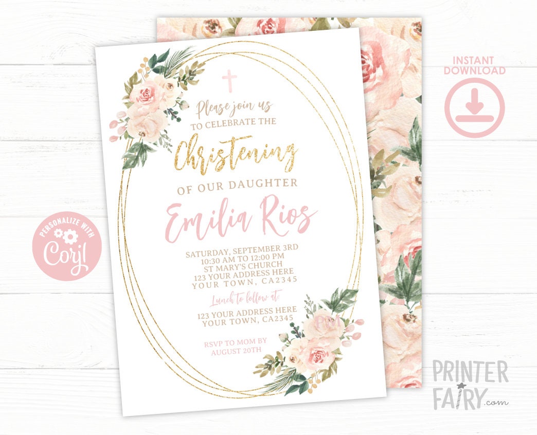 Floral Christening Invitation, Editable Template (Instant Download)