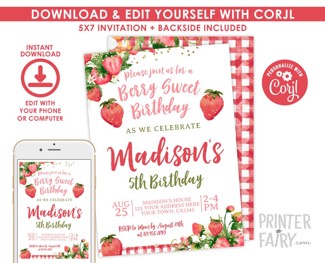 Strawberry Birthday Invitation, Berry Sweet Floral Party (Digital Download)