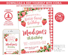 Strawberry Birthday Invitation, Berry Sweet Floral Party (Digital Download)