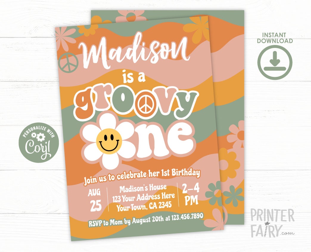 Groovy One Birthday Invitation, Retro Hippie First Party Invite (Editable Download)
