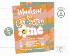 Groovy One Birthday Invitation, Retro Hippie First Party Invite (Editable Download)