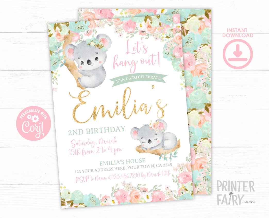 Floral Koala Girl Birthday Invitation, Editable Template (Instant Download)