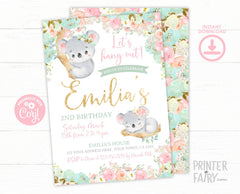 Floral Koala Girl Birthday Invitation, Editable Template (Instant Download)