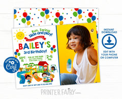 Park Invitation with Photo Editable Template, Simple Primary Colors Birthday, Instant Download