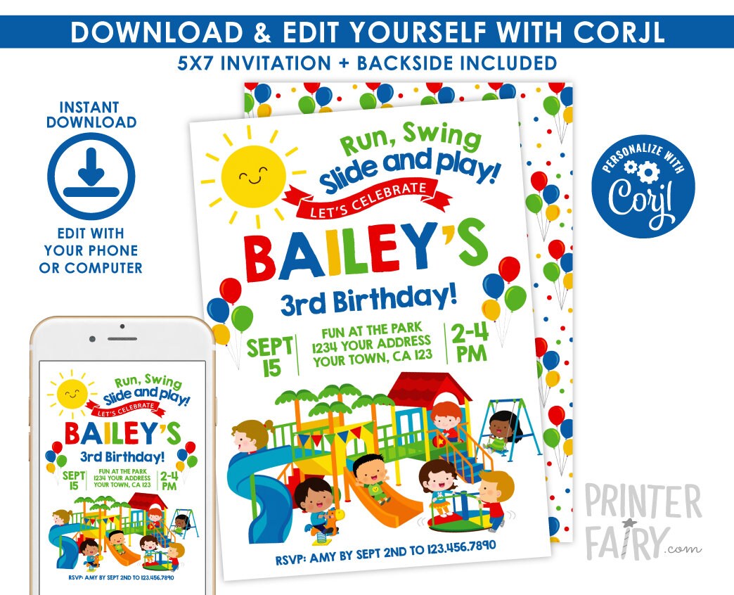 Playground Birthday Party Invitation Editable Template, Instant Download