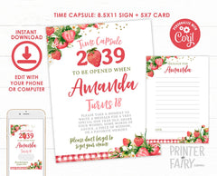 Strawberry Time Capsule Sign, Editable Berry 1st Birthday Party (Digital Download)