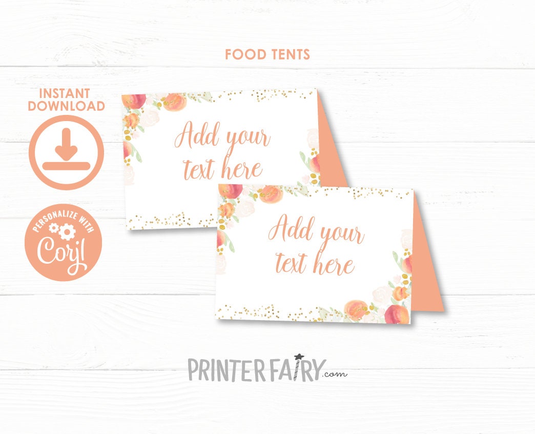 Peach Floral Food Tents, Girl Birthday Party Place Cards (INSTANT DOWNLOAD)
