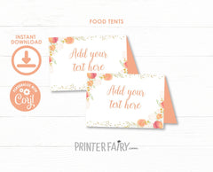 Peach Floral Food Tents, Girl Birthday Party Place Cards (INSTANT DOWNLOAD)