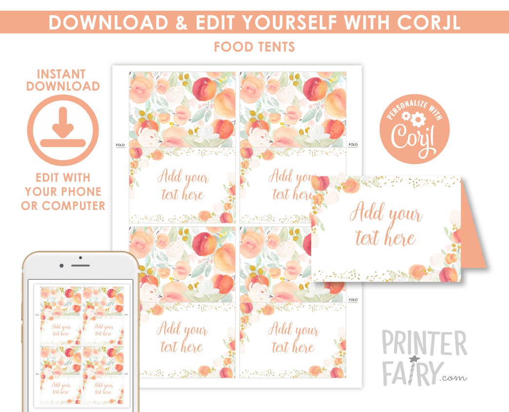 Peach Floral Food Tents, Girl Birthday Party Place Cards (INSTANT DOWNLOAD)
