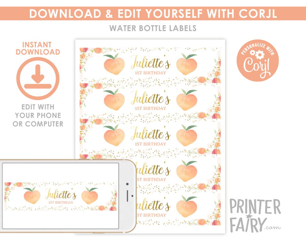Peach Floral Birthday Water Bottle Labels, Editable Template (Instant Download)
