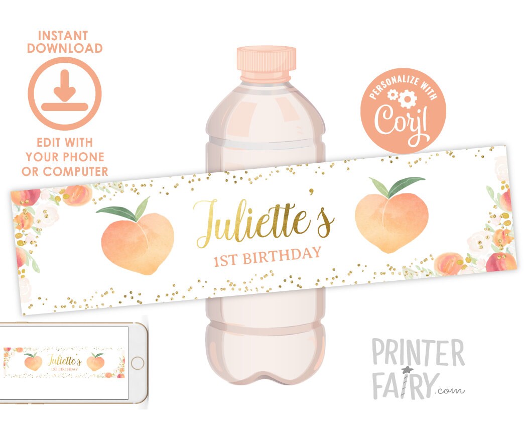 Peach Floral Birthday Water Bottle Labels, Editable Template (Instant Download)