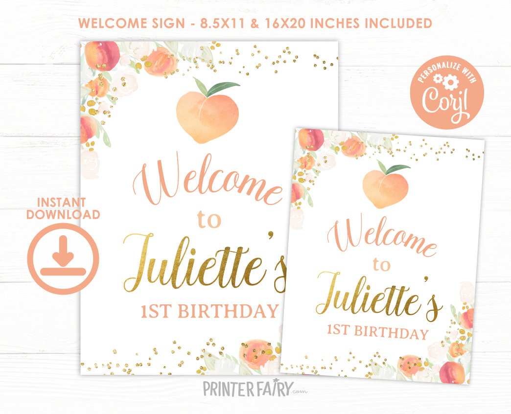 Peach Floral Birthday Welcome Sign, Editable Template (Digital Download)