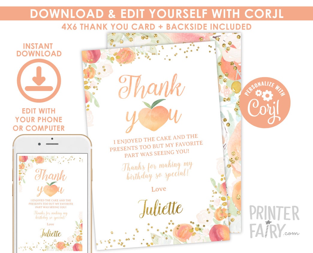 Peach Floral Thank You Cards, Editable Template (Instant Download)