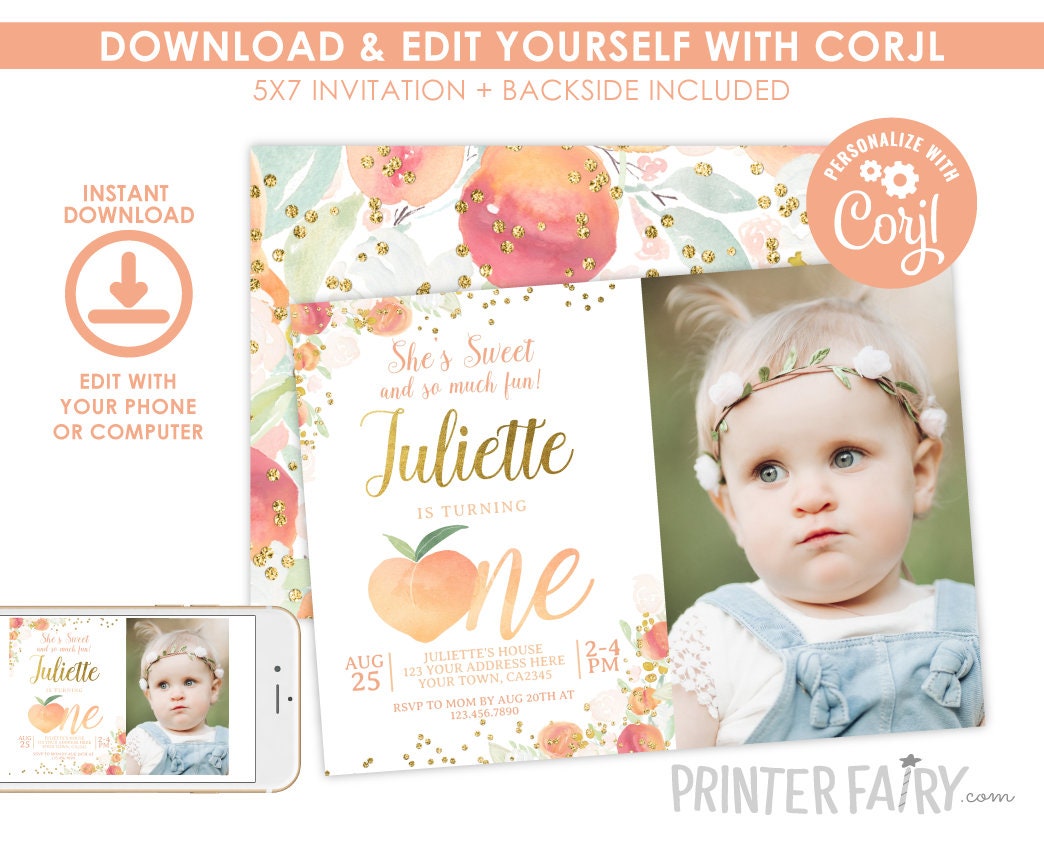 Peach First Birthday Invitation, Editable Floral Girl Invite (Digital Download)