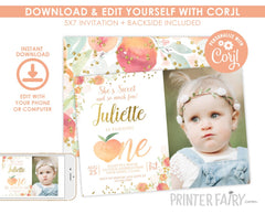 Peach First Birthday Invitation, Editable Floral Girl Invite (Digital Download)