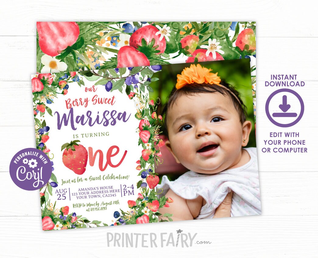 Berry First Birthday Invitation EDITABLE Template INSTANT DOWNLOAD
