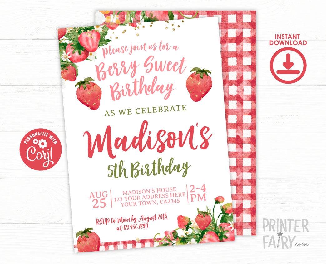 Strawberry Birthday Invitation, Berry Sweet Floral Party (Digital Download)